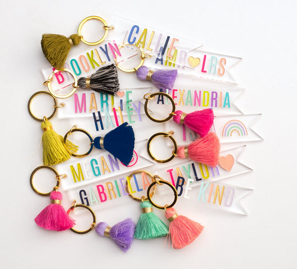 Initial keychain with tassel, Personalized Rainbow letter keychain -  personalized gift, bridesmaid gifts, clear monogram keychain