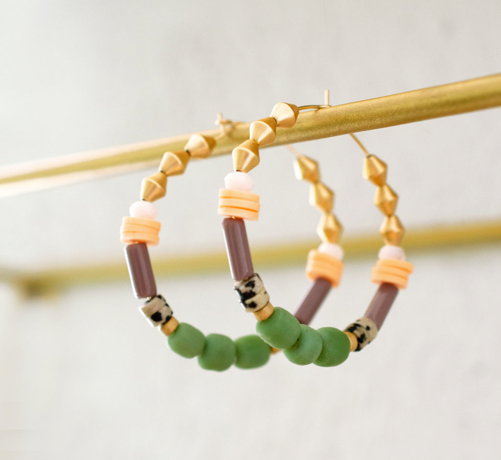 Colorful Beaded hoops, gold filled, statement earrings, multi colored earrings, green and purple, gold hoops,