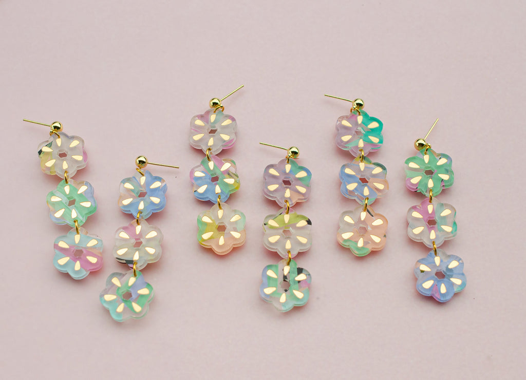 pastel flower earrings, flower dangle earrings, spring jewelry, handpainted earrings, long dangle earrings, floral print , pink earrings
