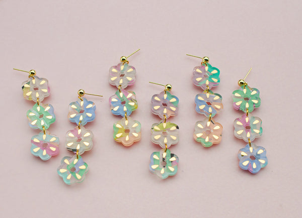 pastel flower earrings, flower dangle earrings, spring jewelry, handpainted earrings, long dangle earrings, floral print , pink earrings