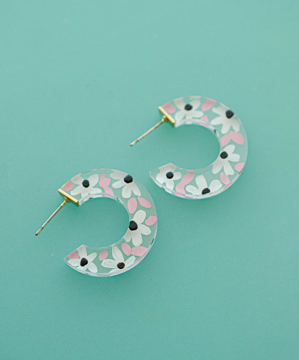 Pink Flower Hoops, Hand Painted Hoops, colorful hoop earrings statement earrings, gifts for her, spring earrings, daisy earrings