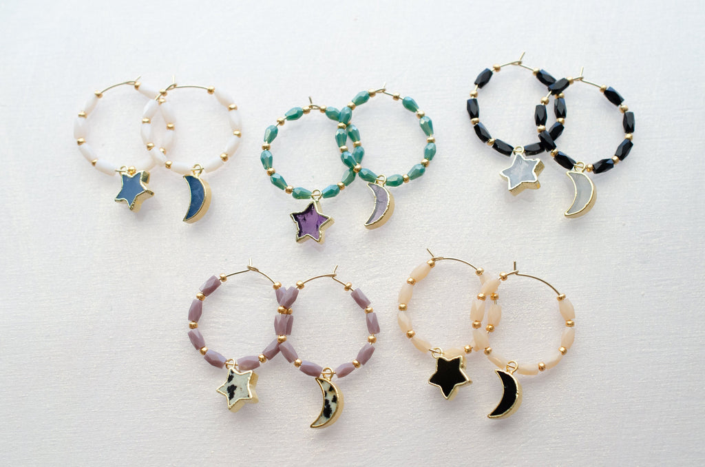 Celestial hoop earrings, gold filled hoops, beaded hoop earrings, star and moon earrings, mis-matched earrings, birthstone earrings