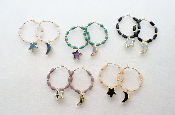 Celestial hoop earrings, gold filled hoops, beaded hoop earrings, star and moon earrings, mis-matched earrings, birthstone earrings