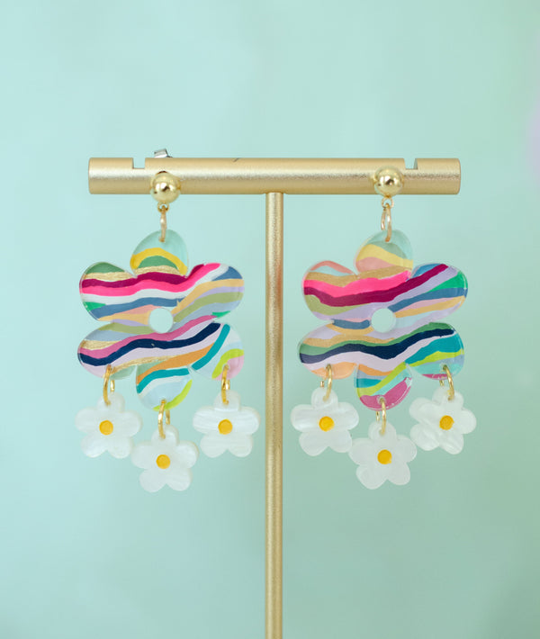 Colorful flower Earrings, Colorful Dangle earrings, Acrylic Earrings, 70's Flower, Handmade Earrings,  Multicolored Dangle Earrings, rainbow
