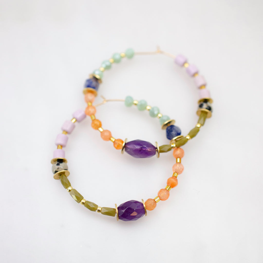Colorful Seed Beaded Hoops, Lightweight earrings, Large Hoops, Gold filled earrings, beaded earrings, Amethyst earrings, statement earrings