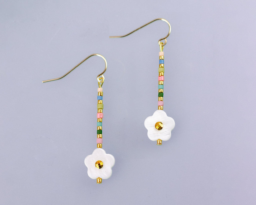 Beaded flower earrings, Flower dangle earrings, colorful dangle earrings, pride earrings, rainbow flower earrings, colorful flower earrings