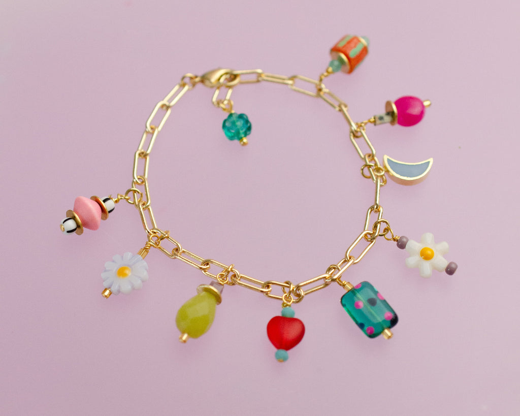 Colorful charm bracelet, gold charm bracelet, multi charm bracelet, handmade bracelet,Celestial charm Bracelet, Flower bracelet, moon charm