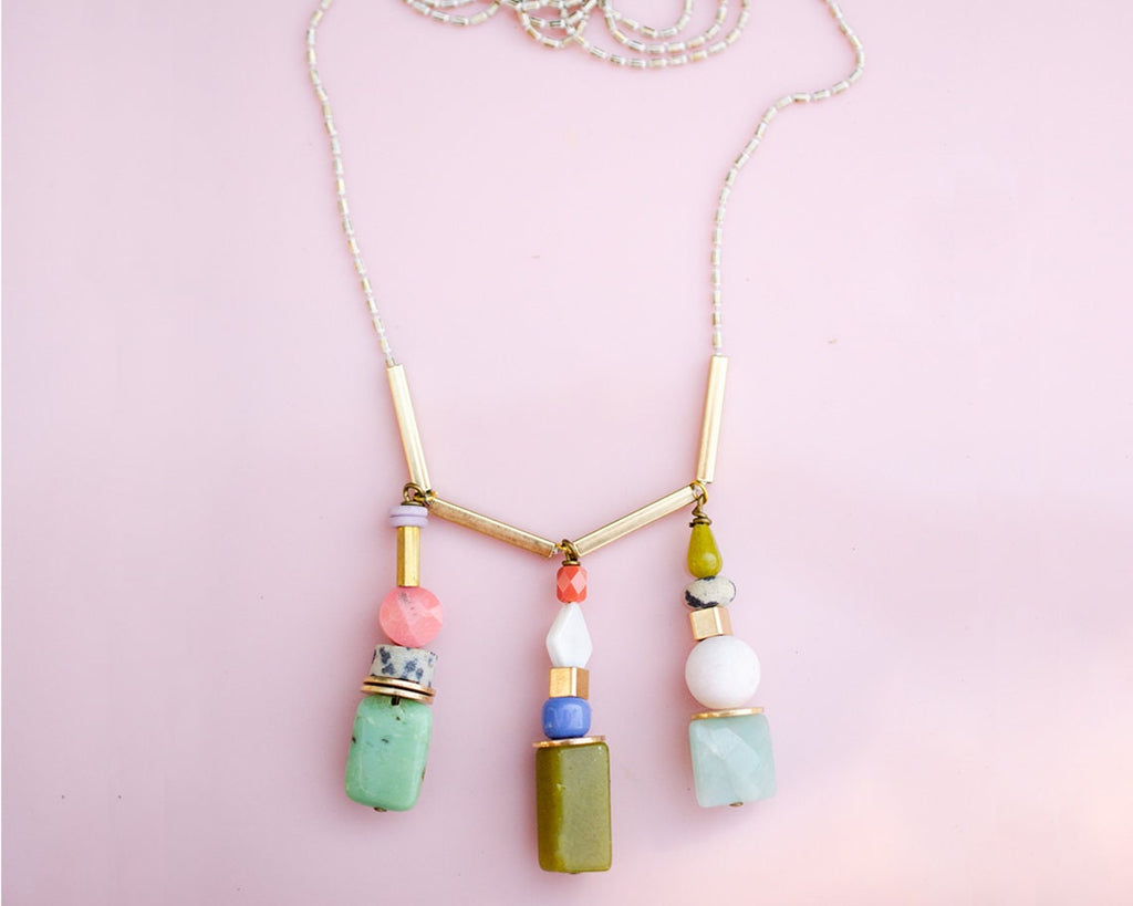 Herringbone Charm Necklace, natural stone necklace, beaded necklace, charm necklace, multicolored necklace, beaded jewelry, gift for her