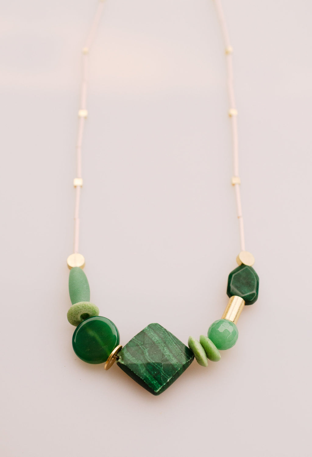 Green Beaded Statement Necklace, natural stone, chunky beaded, green and pink, emerald gemstone jewelry, gift for her