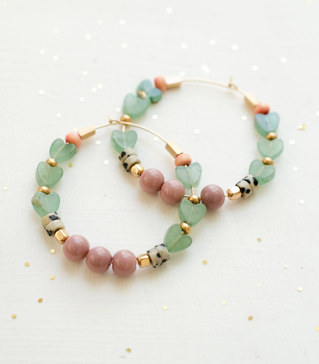 Beaded heart hoops, gold filled, natural stone, statement earrings, colorful jewelry, gold hoop earrings, Anniversary gift, jade hearts