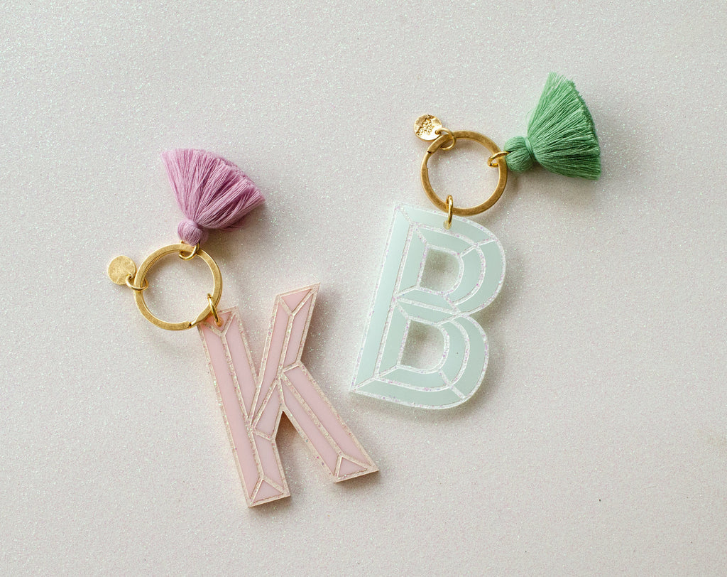 Initial keychain with tassel, Personalized Rainbow letter keychain - personalized gift, bridesmaid gifts, clear monogram keychain