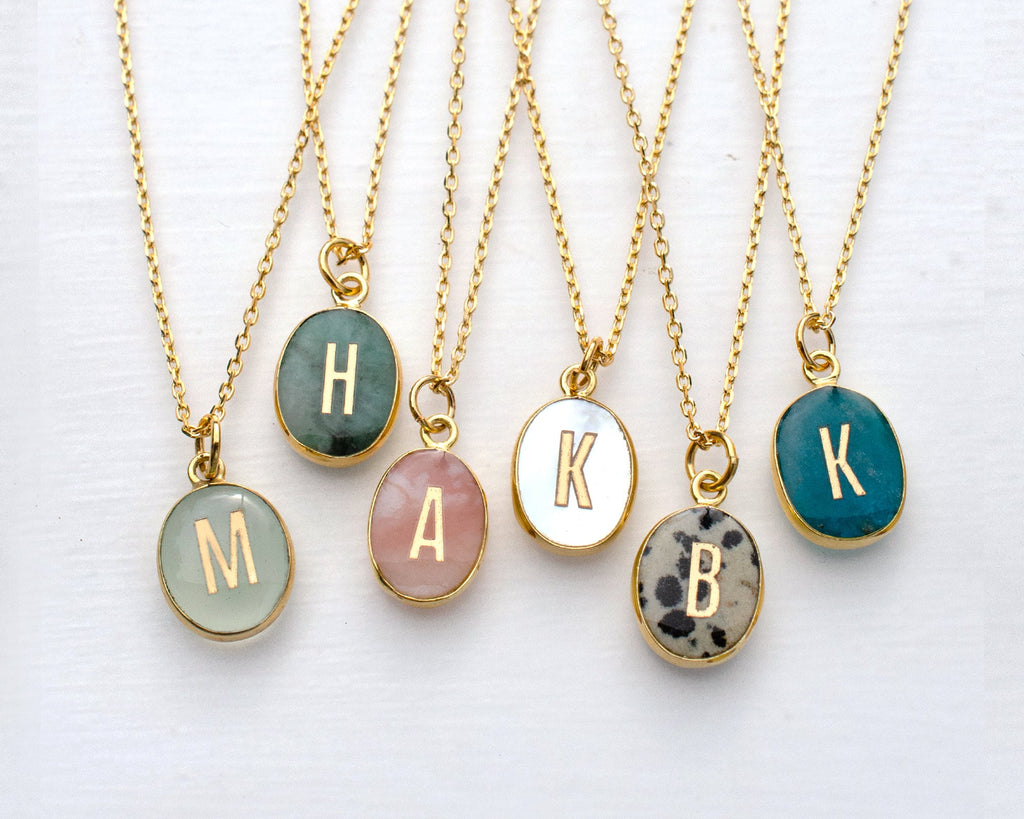 Oval Initial Gemstone Necklace, Gold initial necklace, initial pendant necklace, bridesmaid gift, birthstone necklace, natural gemstone