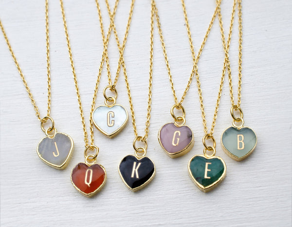 Personalized heart initial necklace, Valentines day gift, Gemstone initial pendant, dainty necklace, Mom necklace, everyday necklace