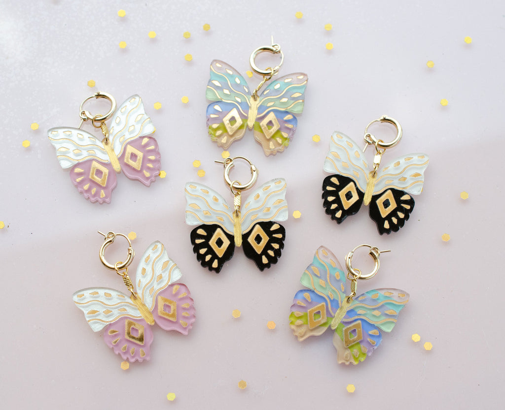 Butterfly statement earrings, acrylic earrings, gold butterfly, butterfly jewelry, celestial jewelry, 90's earrings, acrylic jewelry