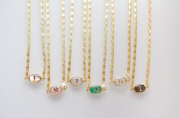 horizontal Initial gemstone necklace, personalized monogram initial ,dainty necklace, gemstone jewelry, gift for friend, dainty necklace,