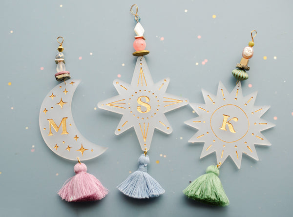 Celestial Ornament, Custom Ornament, Personalized initial ornament, Beaded Ornament, Star Ornament, Tassel Ornament, Moon Ornament