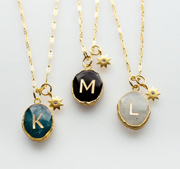 Initial Gemstone Charm Necklace, Emerald Necklace, Amethyst Necklace, Celestial Necklace, Birthstone Pendant, Personalized gift, Gemstone
