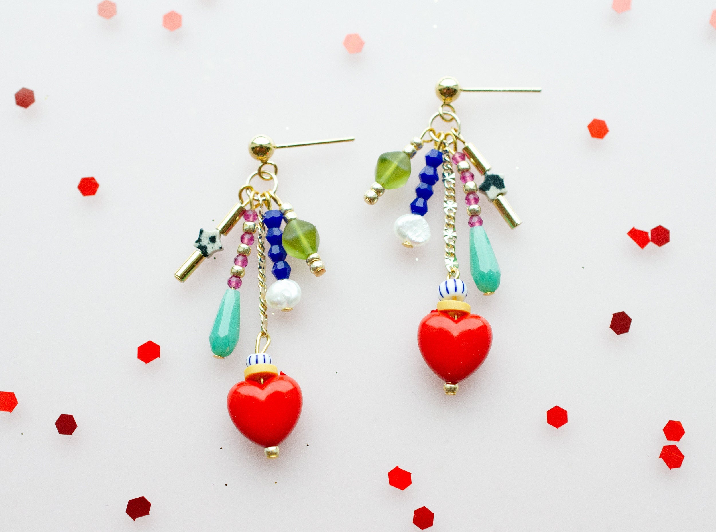 Red heart earrings, beaded heart earrings, Valentines day earrings, re –  jillmakes