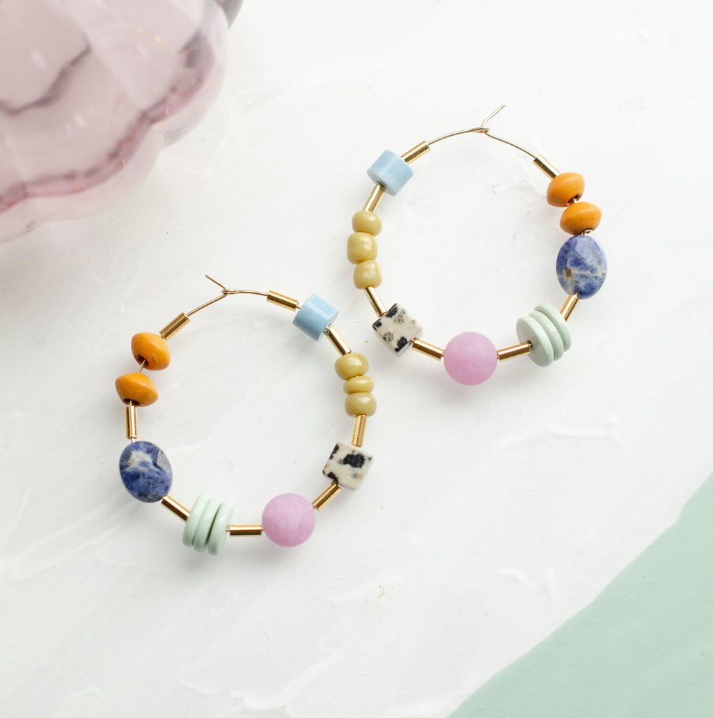 Colorful Beaded hoops, gold filled earrings, natural stone earrings, statement earrings, colorful jewelry, gold hoop earrings, Auden