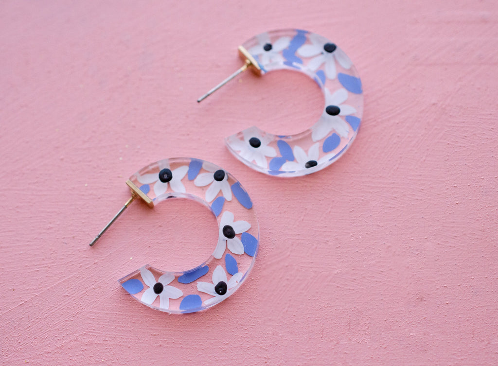 Blue Flower Hoops, Hand Painted Hoops, colorful hoop earrings statement earrings, gifts for her, spring earrings, daisy earrings