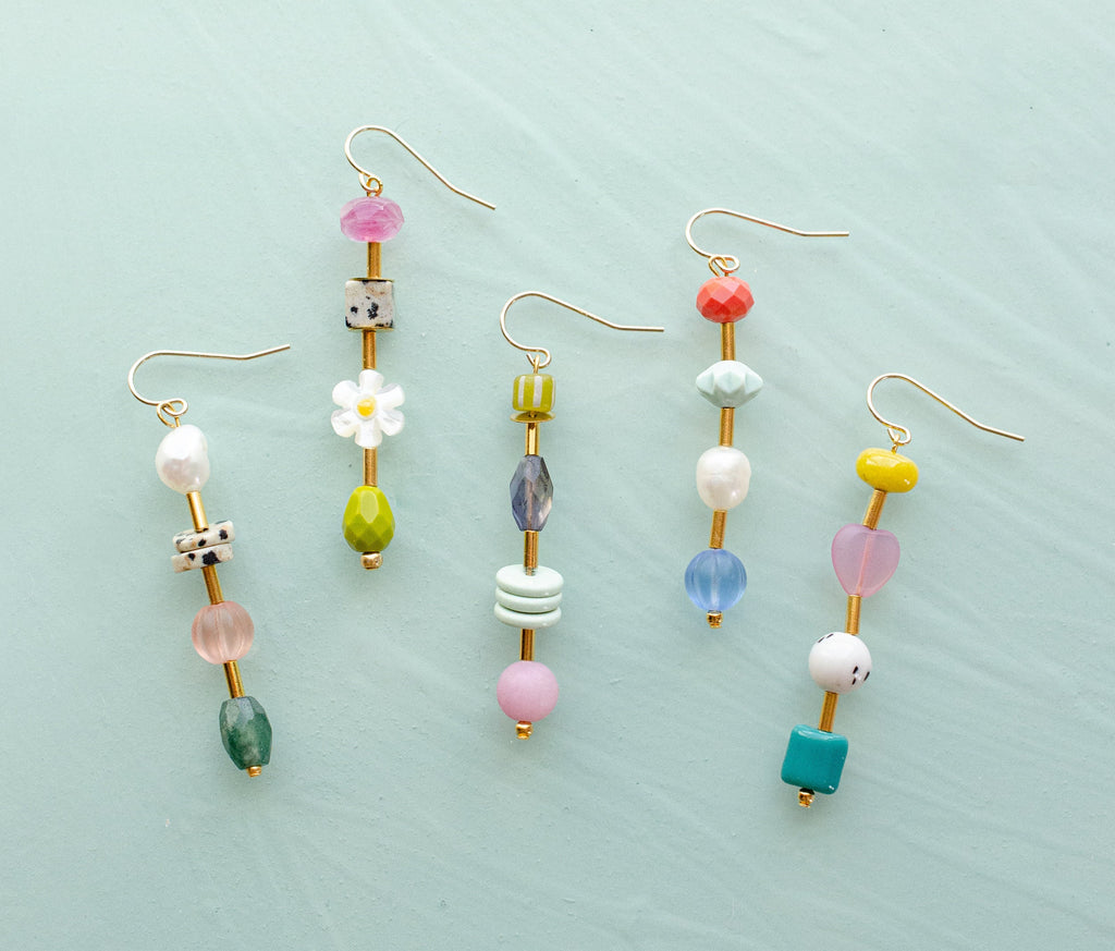 Beaded mis match earrings, mix and match earrings, colorful dangle earrings, gemstone earrings, flower earrings, gold filled earrings