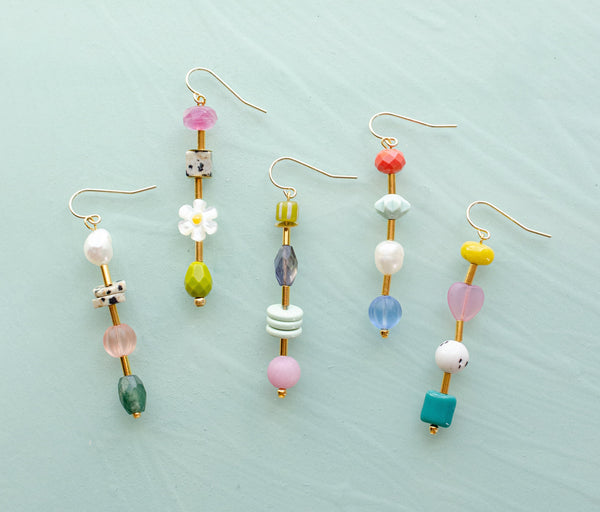 Beaded mis match earrings, mix and match earrings, colorful dangle earrings, gemstone earrings, flower earrings, gold filled earrings