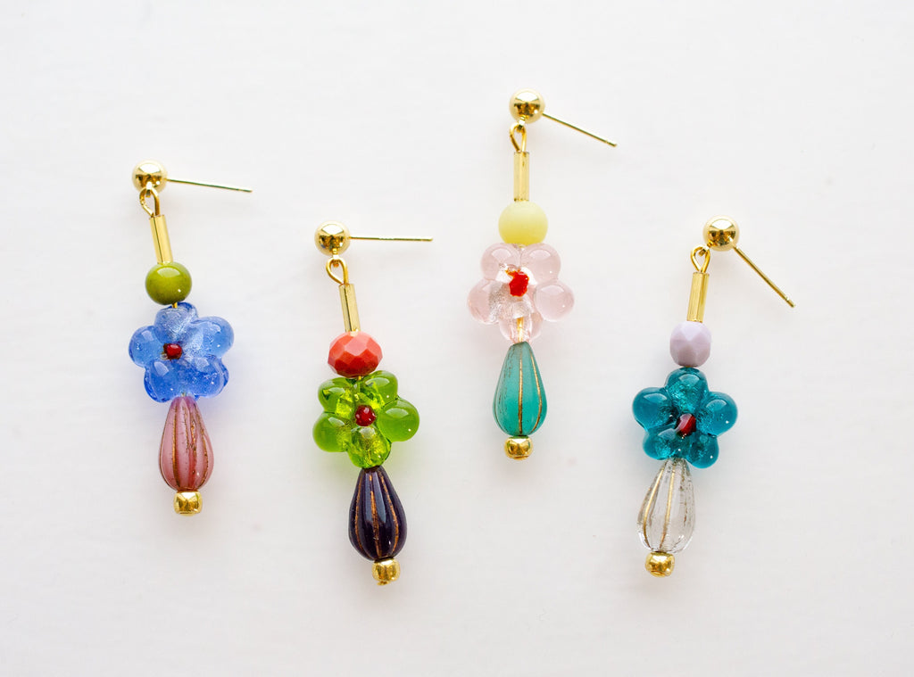 Beaded Flower earrings,  flower dangle earrings, mix matched earrings, floral jewelry, statement earrings, beaded earrings,