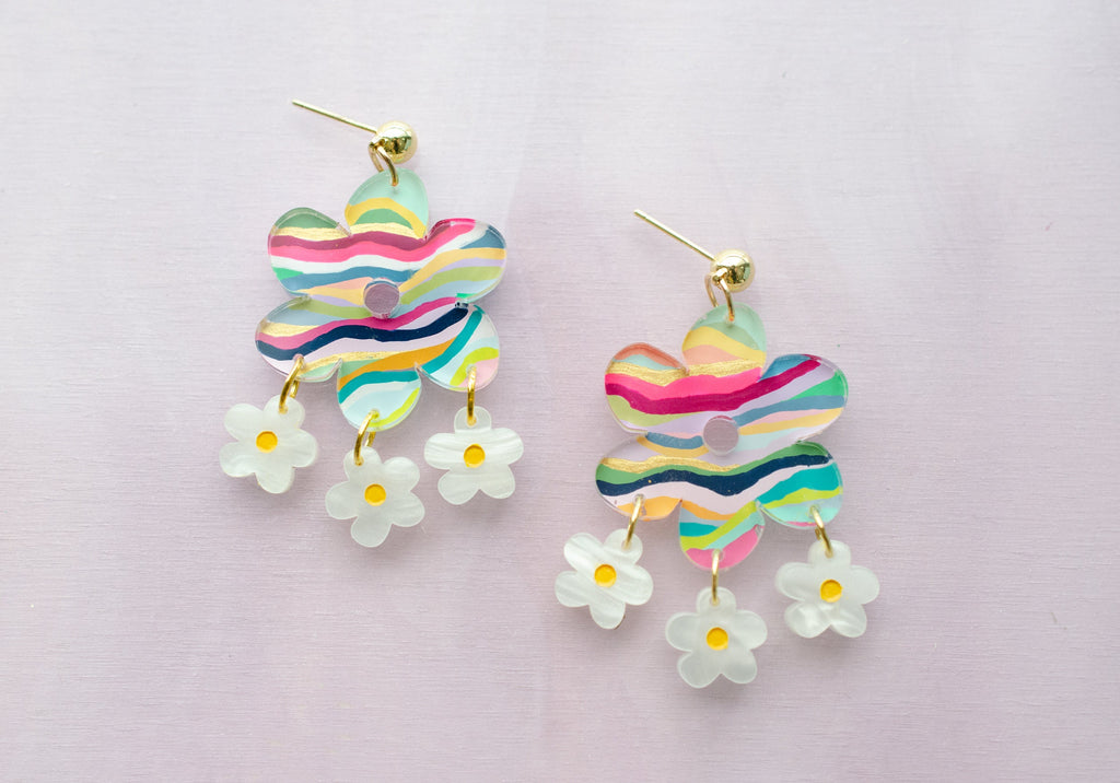 Retro flower earrings, colorful flower earrings, colorful dangle earrings, 70's style earrings, bold statement earrings, daisy earrings,