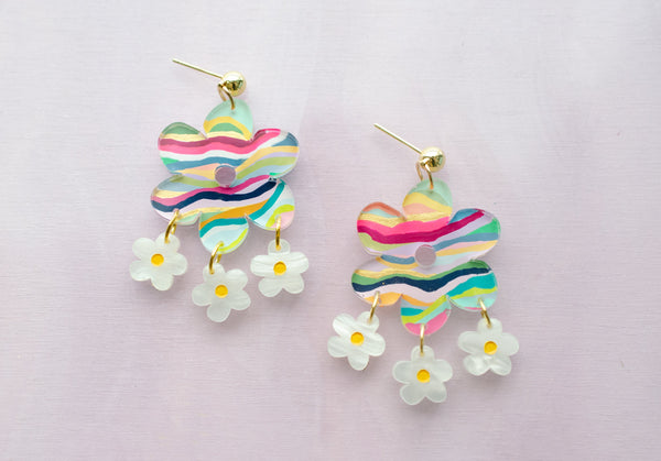 Retro flower earrings, colorful flower earrings, colorful dangle earrings, 70's style earrings, bold statement earrings, daisy earrings,