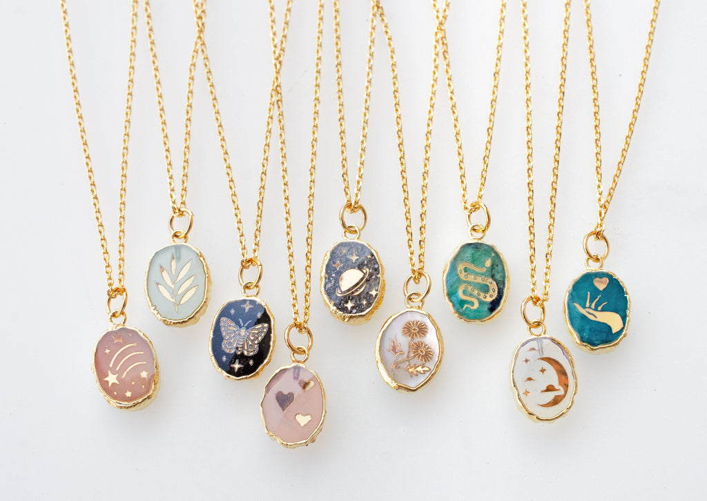 Gemstone Birthstone Necklace, Butterfly necklace, flower necklace, hearts, celestial necklace, snake necklace Saturn, gemstone necklace