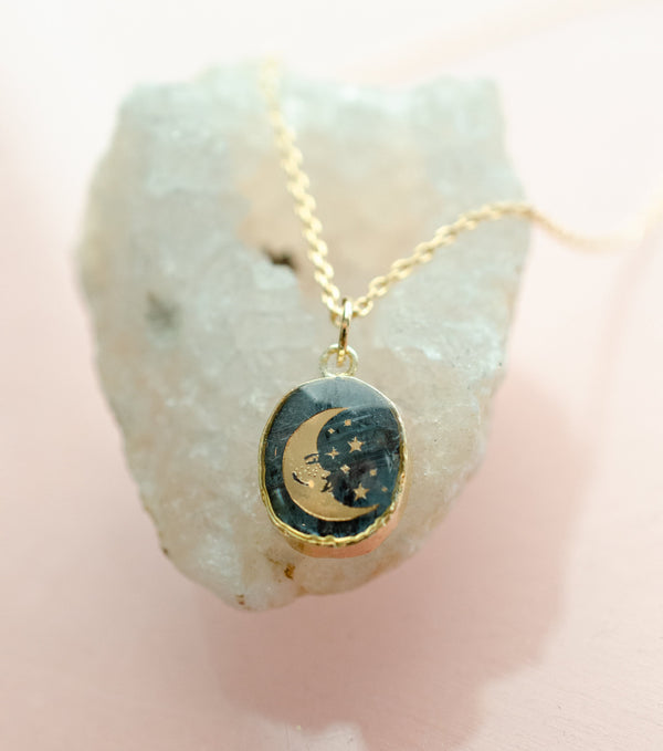 Dainty Moon Gemstone Necklace, Kyanite Moon Necklace, Astrology necklace, Crescent Moon Pendant, Celestial Necklace, Star and Moon Necklace