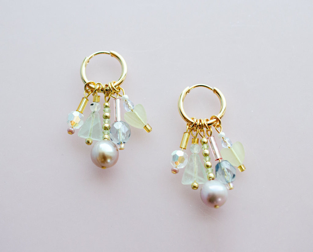 Pastel dangle earrings, Beaded charm earrings, Pearl hoop earrings, dangle huggie hoops, statement earrings, gemstone earrings, Pearl dangle