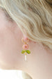 Flower dangle earrings, Beaded charm earrings, Flower hoop earrings, Dainty Hoops, dangle huggie hoops, pink glower earrings, gold hoop