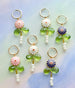 Flower dangle earrings, Beaded charm earrings, Flower hoop earrings, Dainty Hoops, dangle huggie hoops, pink glower earrings, gold hoop