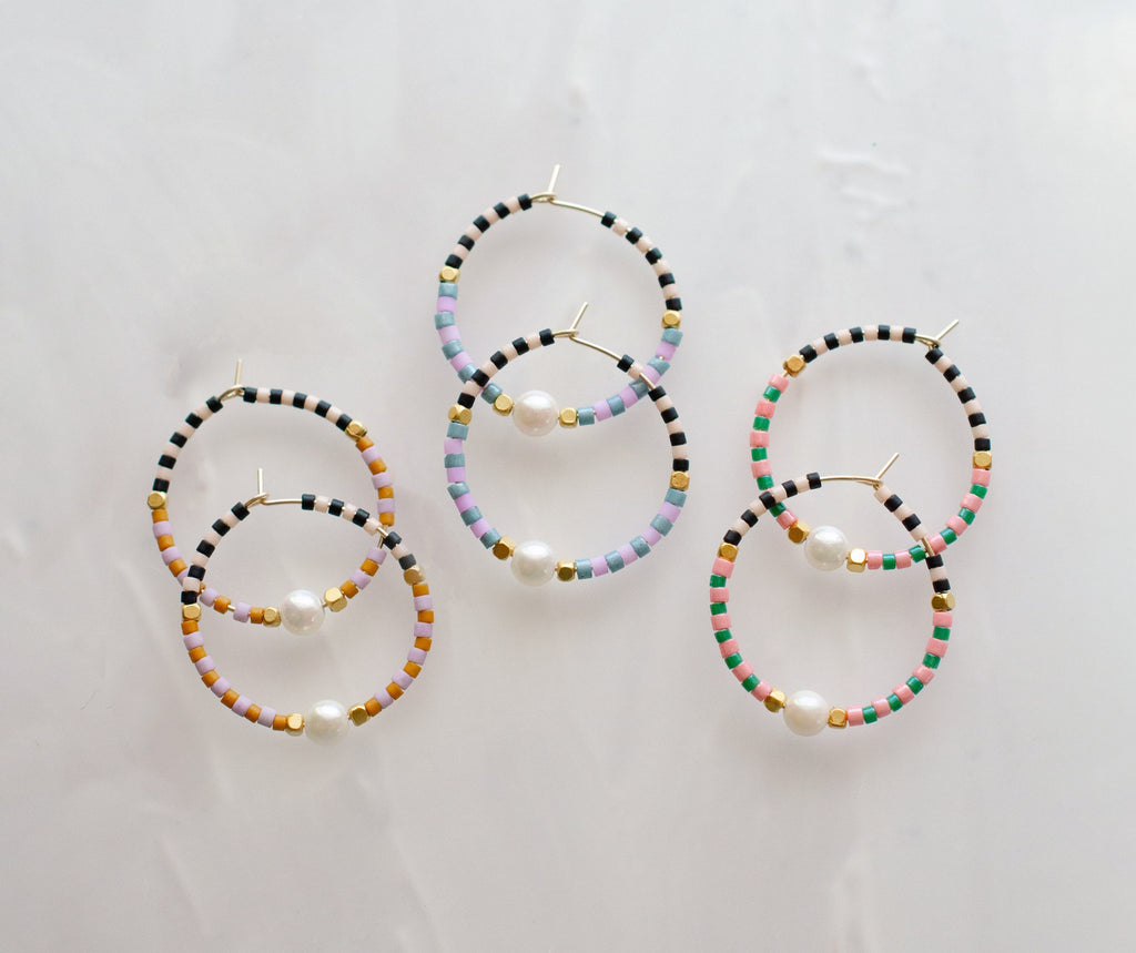 Beaded pearl hoop earrings, gold filled hoops, beaded hoop earrings, lightweight hoops, colorful hoop earrings, pearl hoops, pearl earrings