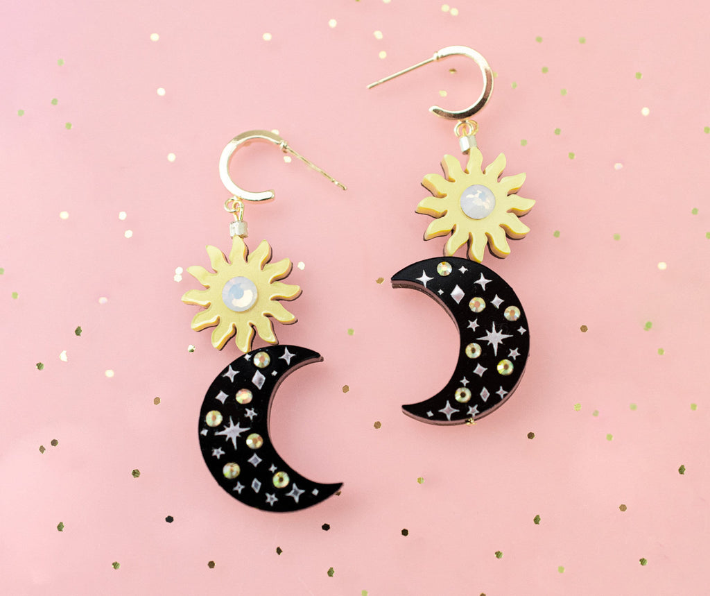 Sun and moon earrings, celestial dangle earrings, Celestial Jewelry, rhinestone dangle earrings, gold hoop earrings, statement earrings,