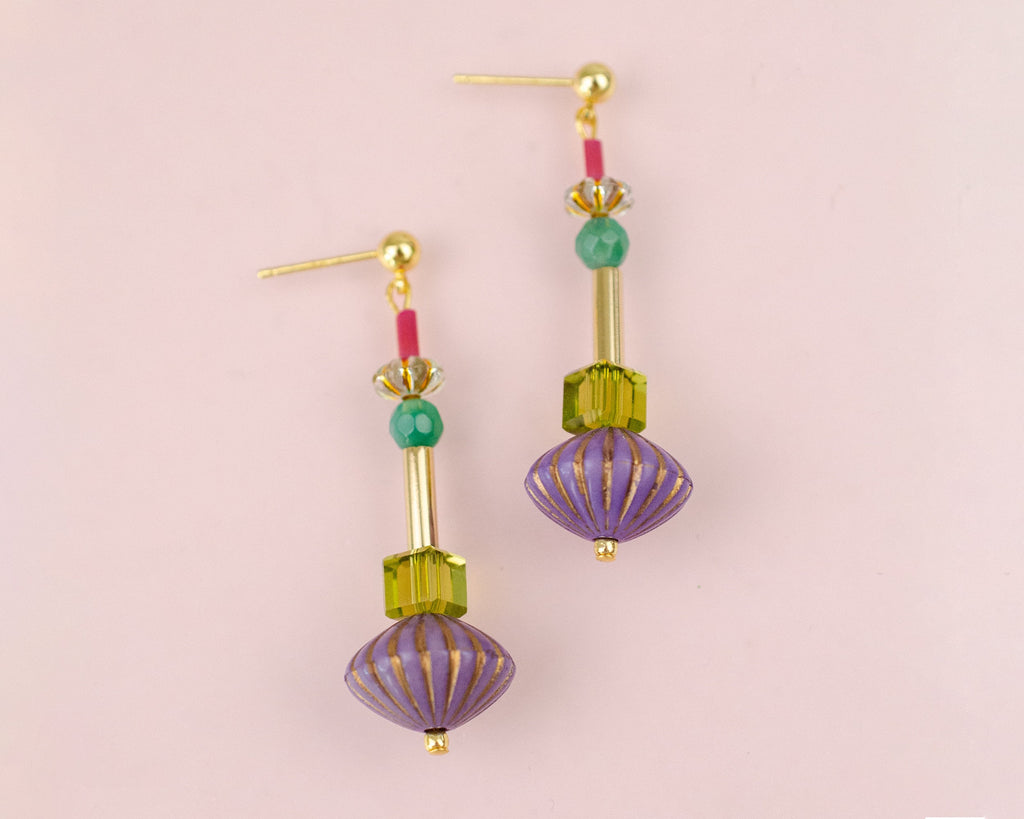 Purple dangle earrings, art deco style earrings, colorful dangle earrings, purple earrings, bright dangle earrings, beaded dangle earrings