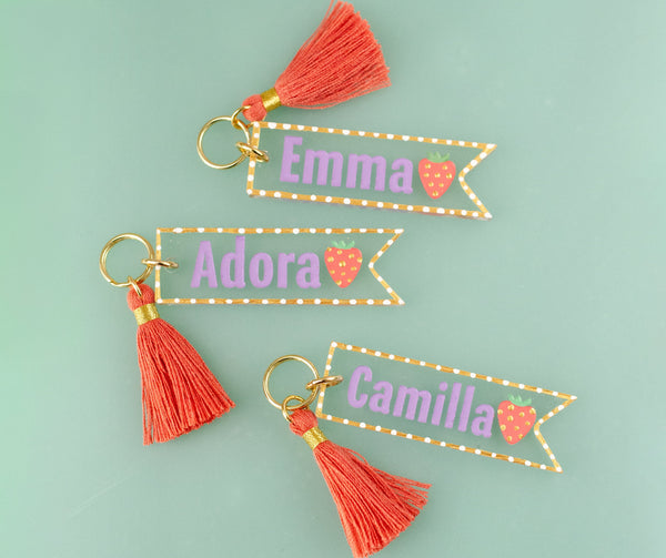 Personalized Name keychain, Strawberry keychain, custom name keychain, acrylic clear name keychain, tassel name keychain, fruit keychain,