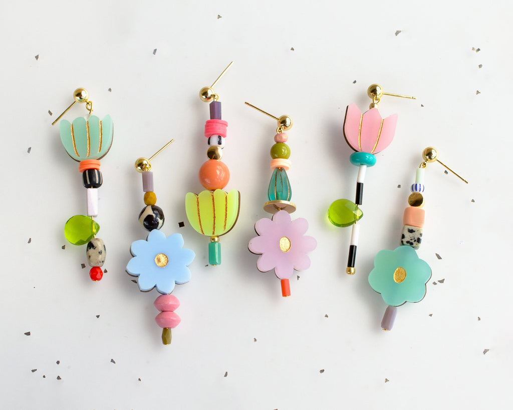 Flower beaded statement earrings, Mis-matched earrings, colorful dangle earrings, spring earrings, handmade earrings, acrylic earrings,
