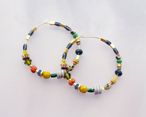 Large beaded hoops, Jewel Toned beaded hoops, Seed bead hoops, colorful earrings, gold filled earrings, statement earrings, gift for her