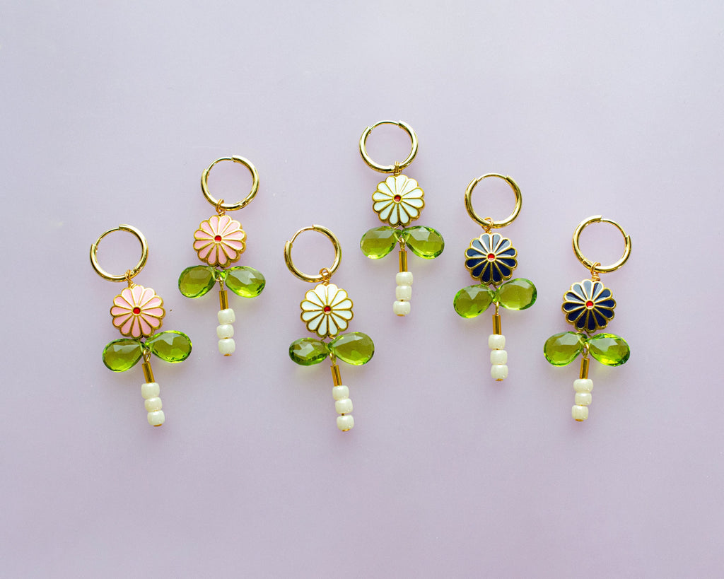 Flower dangle earrings, Beaded charm earrings, Flower hoop earrings, Dainty Hoops, dangle huggie hoops, pink glower earrings, gold hoop