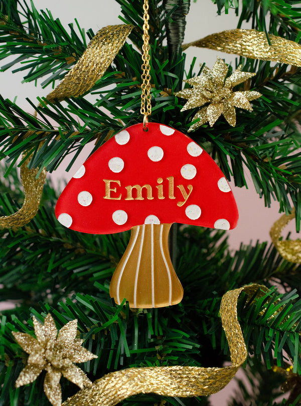 Personalized Mushroom Ornament, Hand-painted Christmas Ornament, Whimsical Ornament, Holiday Gift, Mushroom Decor, Woodland Ornament,